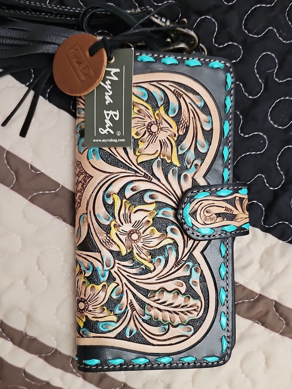 Myra Bag Hand-Tooled Floral Phone Wallet in Black, Turquoise & Yellow